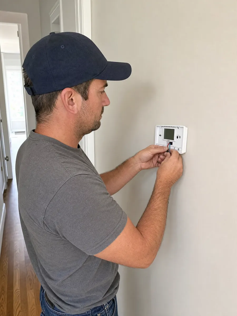 A technician landing low-voltage wires on a wall thermostat, screen blank.